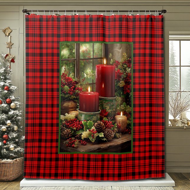 Cortina Para Box Christmas Red Plaid Red Candles Pine Cones (Criador carregado)