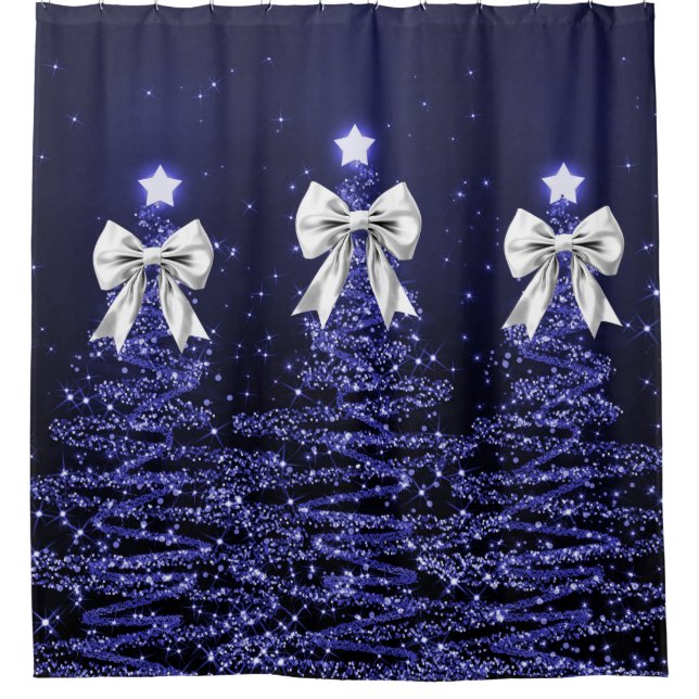 Cortina Para Box Christmas Sparkling Trees Navy Silver Faux Bow  (Frente)