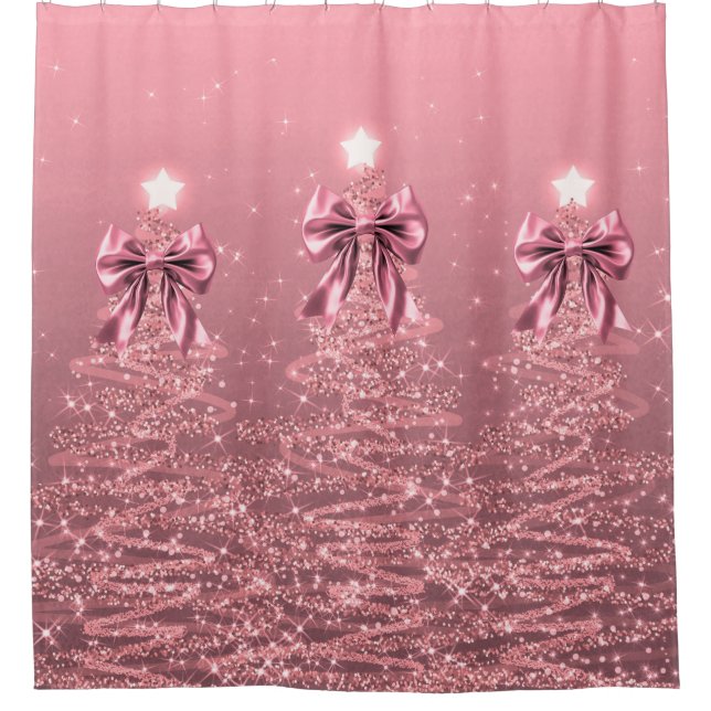 Cortina Para Box Christmas Sparkling Trees Pink Blush Faux Bow  (Frente)