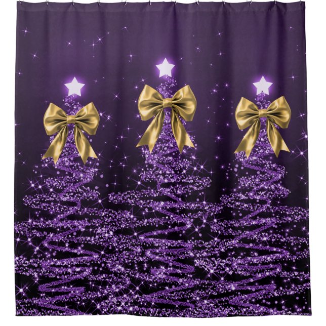 Cortina Para Box Christmas Sparkling Trees Purple Faux Gold Bow  (Frente)