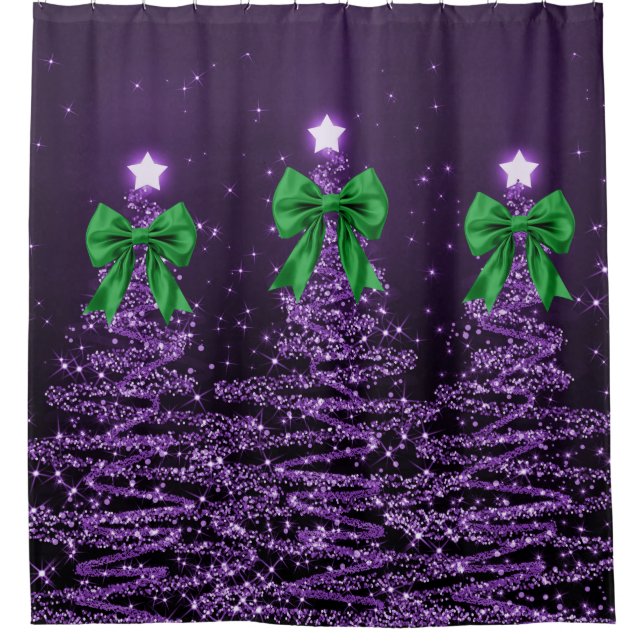 Cortina Para Box Christmas Sparkling Trees Purple Faux Green Bow  (Frente)