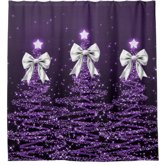 Cortina Para Box Christmas Sparkling Trees Purple Faux Silver Bow  (Frente)