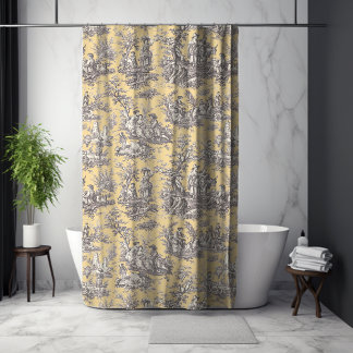 Cortina Para Box Cinza amarela elegante toile de jouy