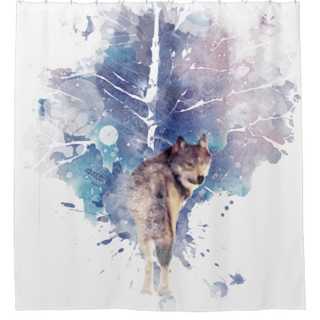 Cortina Para Box Cinza de Aquarelas Wolf Willife Animal Art (Frente)