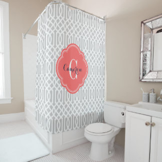 Cortina Para Box Cinza e Coral Trellis Monograma