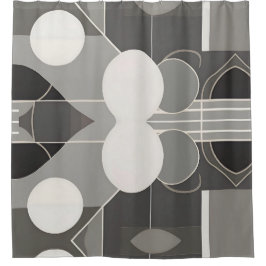 Cortina Para Box Cinza e Design Geométrico Branco com Linhas Círcul