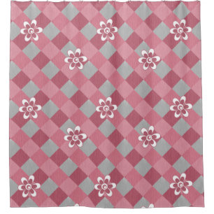 Cortina Para Box Cinza e xadrez cor-de-rosa com flores camomilares