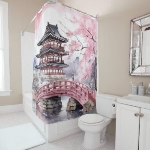 Cortina Para Box Cinza rosa Sakura Blossoms Pagoda Japonês