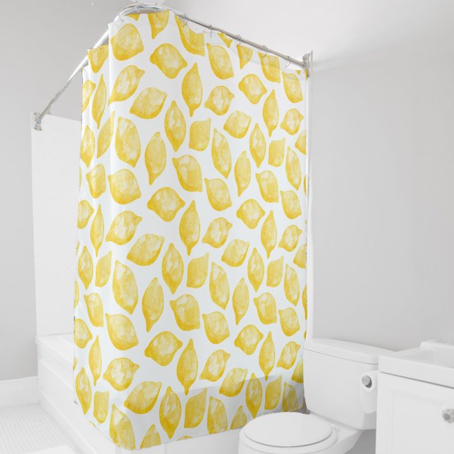 Cortina Para Box Citrus de Padrão de Limão de Aquarela (Watercolor lemon fruit pattern yellow and white shower curtain)