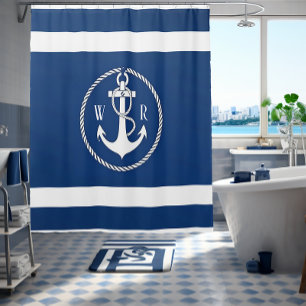 Cortina Para Box Clássico Monogramado Náutico Azul Marinho e Branco