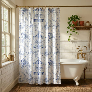 Cortina Para Box Coelho Celestial Caprichoso Toile de Jouy Azul