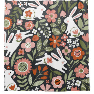 Cortina Para Box Coelhos brancos bonitos, padrão de colheita floral
