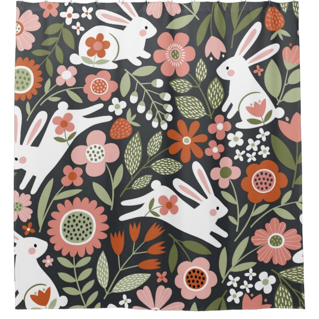 Cortina Para Box Coelhos brancos bonitos, padrão de colheita floral (Frente)