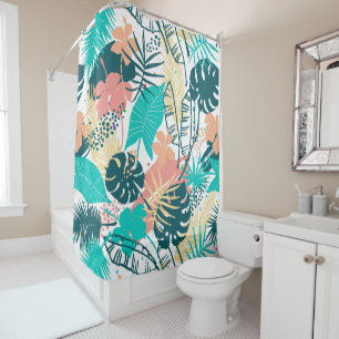 Cortina Para Box Colagem de folhas e flores tropicais coloridas
