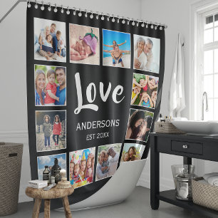 Cortina Para Box Colagem Personalizada de Fotos da Família em Preto