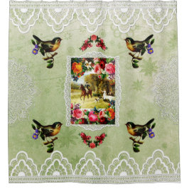 Cortina Para Box Colagem Vintage Retro com rendas e flores