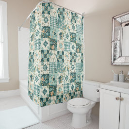 Cortina Para Box Colcha de Remendo em Verde-Azul Floral Rústico Ret