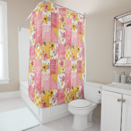 Cortina Para Box Colcha Xadrez Rosa Amarelo Floral Retrô Rústico