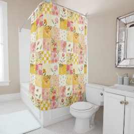 Cortina Para Box Colcha Xadrez Rosa Amarelo Floral Retrô Rústico