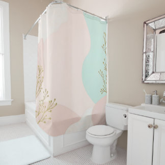 Cortina Para Box Coleção Moderna Abstrata Rosa Bege e Verde Menta