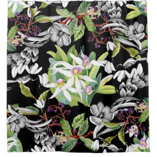 Cortina Para Box Colírio e Orquídeas: Padrão Preto Desenhado