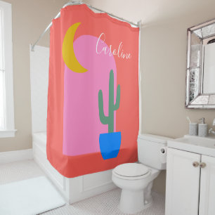 Cortina Para Box Colorida Boho Cactus Moon Shapes em Vermelho Perso