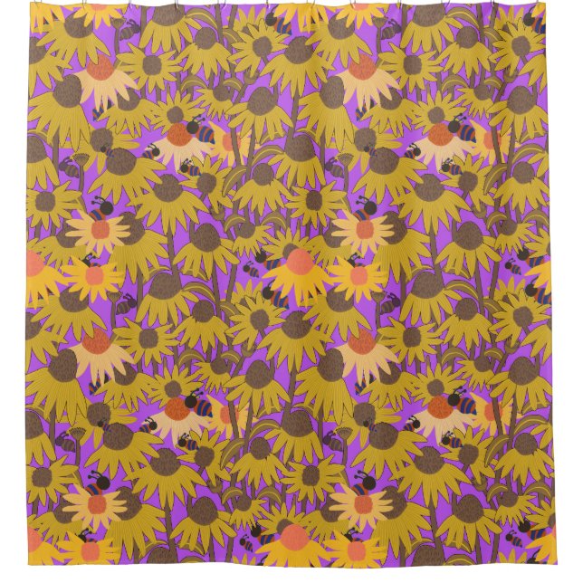 Cortina Para Box Coneflowers and Bees Purple Background (Frente)