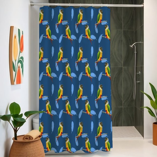 Cortina Para Box Conure de Bochecha Verde Penas de Papagaio Vibrant (Vibrant pop art shower curtain with playful green cheeked conures and bold blue feathers.)