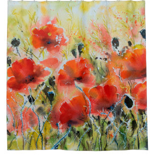 Cortina Para Box Cor da água - pintura de flores vermelhas de papo