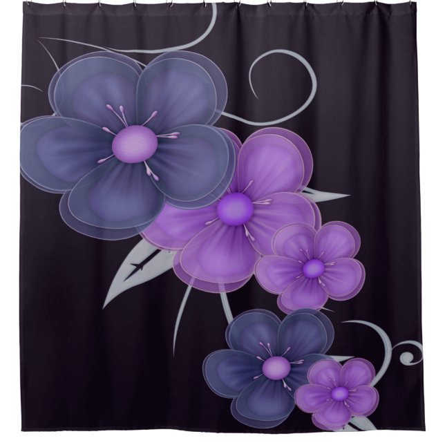 Cortina Para Box cor d'água preto púrpura floral (Frente)