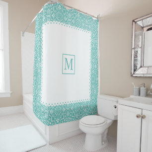 Cortina Para Box Cor damasco, quadro e monograma de cor azul clara