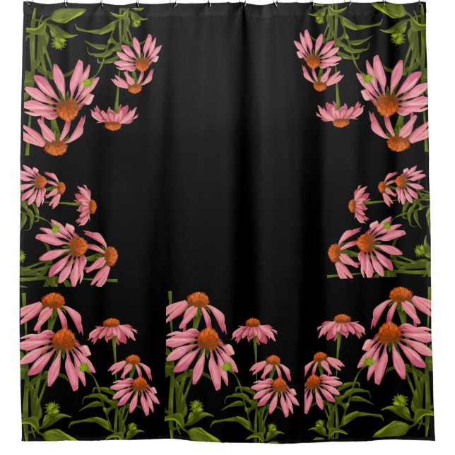 Cortina Para Box cor-de-rosa floral e preto (Frente)
