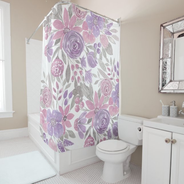 Cortina Para Box Cor Verde Floral Verde Púrpura Rosa (In Situ)