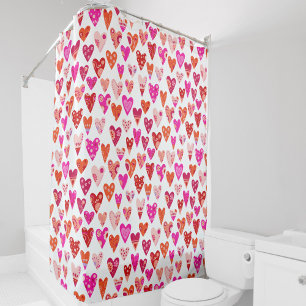Cortina Para Box Coração Padrão Vermelho Cor-de-Rosa Moderno