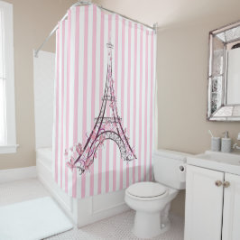 Cortina Para Box Corações Cor-de-Rosa e Borboletas Torre Eiffel Par