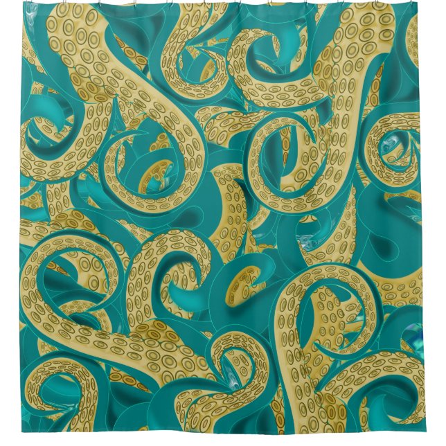 Cortina Para Box Cortina de Chá de Octopus Dourado Teal (Frente)