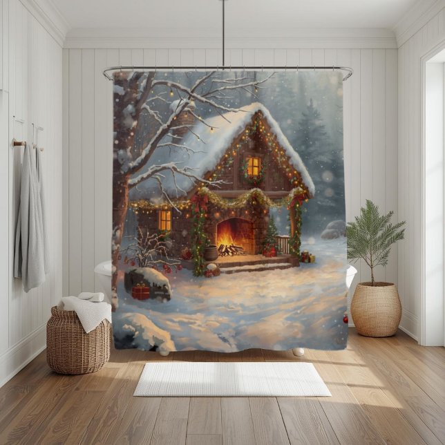 Cortina Para Box Cozy Cabin Fireplace Christmas Shower Curtain (Criador carregado)