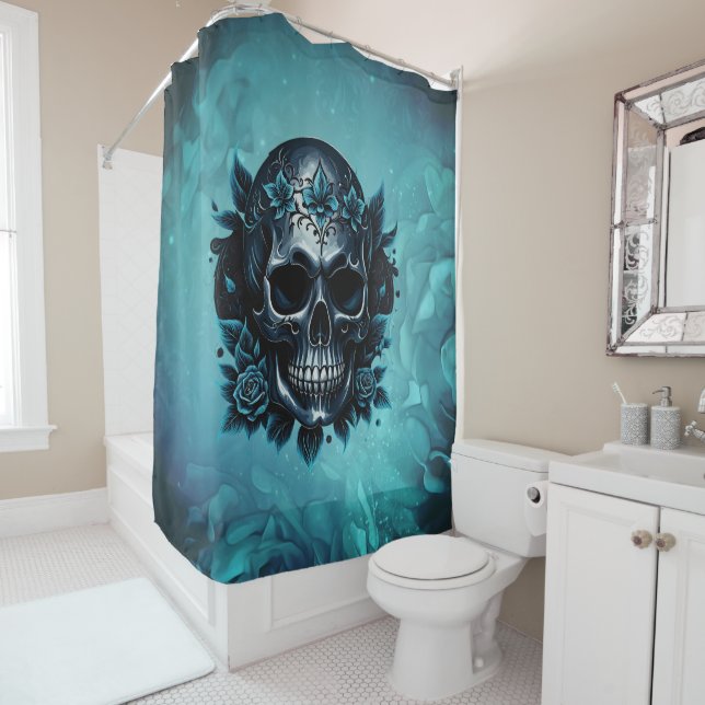 Cortina Para Box Crânio azul escuro com rosas. (In Situ)