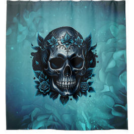 Cortina Para Box Crânio azul escuro com rosas.