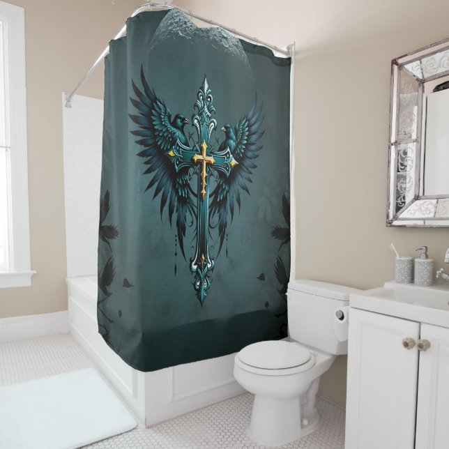 Cortina Para Box Cruz gótica com elementos decorativos e aves. (In Situ)