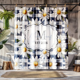 Cortina Para Box Custom Navy Gingham Daisy Monogram