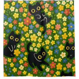 Cortina Para Box Cute Black Cats Floral Meadow Pattern