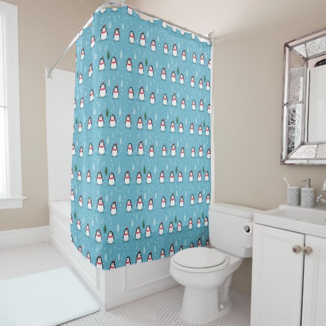 Cortina Para Box Cute Penguins on Light Blue with Snowflakes  (In Situ)