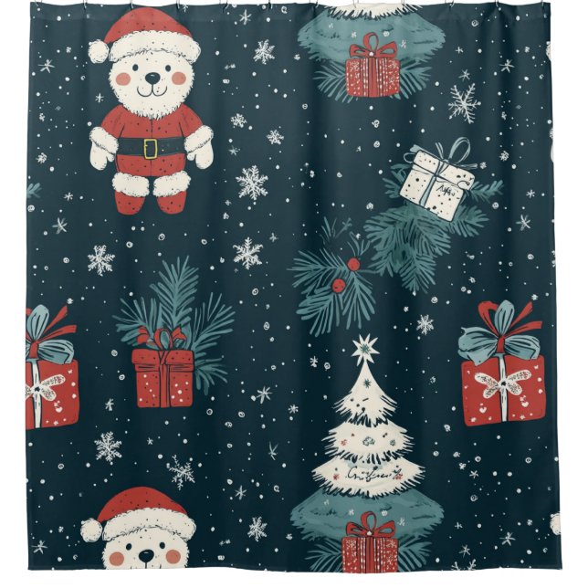 Cortina Para Box Cute Teddy Bear & Santa on Dark Green (1) (Frente)