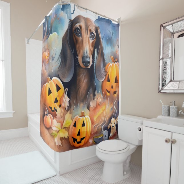 Cortina Para Box Dachshund Halloween Com Pumpkins Assustado (In Situ)