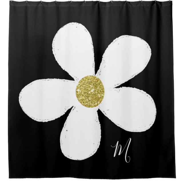 Cortina Para Box Daisy Black White Simple Floral Dourado Pessoal (Frente)