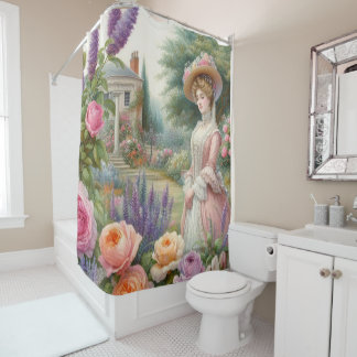 Cortina Para Box Dama Vitoriana Antiga Decoupage de Jardim Floral
