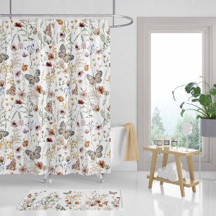 Cortina Para Box Decoração do Banheiro de Flores Selvagens, Borbole