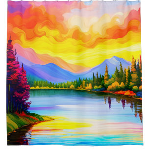 Cortina Para Box Desenho colorido brilhante do pôr do sol sobre o l