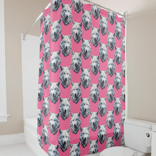 Cortina Para Box Desenho de padrão de cabeça de lobo branco rosa